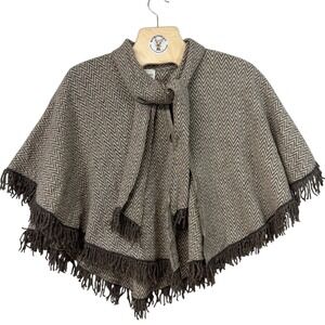 Mexican Wool Herringbone Cape Poncho Fringe Wrap‎ Shawl 100% Lana Artilana